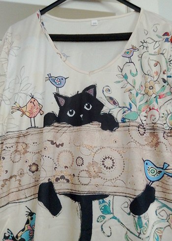 Diğer Bohem Tarzı Baskılı Beyaz Kedi Desenli Tişört