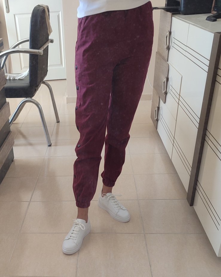 çtn yandan zımba detaylı lastikli paçalı bordo pantolon - Görsel 3