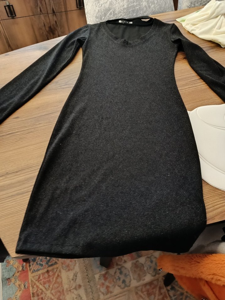 Siyah Uzun Kollu Dar Kesim simli elbise - Görsel 5