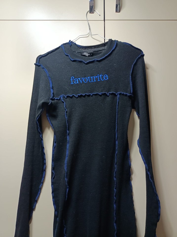 Mavi Nakışlı Uzun Kollu Triko Elbise - Görsel 2