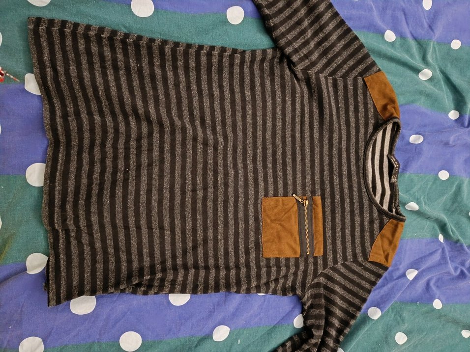 bayan  Fermuarlı Çizgili Uzun Kollu Tişört - Görsel 2