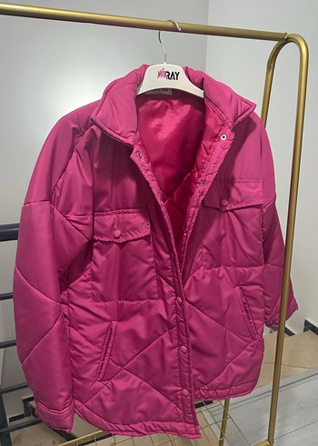 m Beden Düğmeli Pembe Kadın Mont