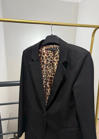 Leopar Astarlı Siyah Kadın Blazer Ceket