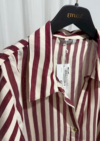 Bordo Çizgili Kısa Kollu Keten Gömlek