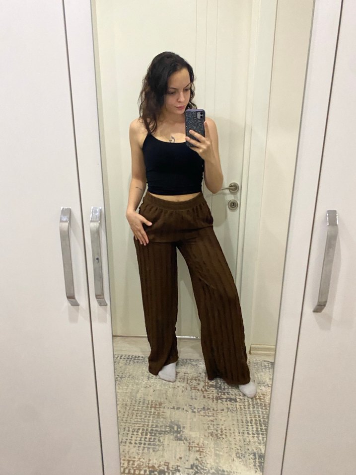 Kadın Kahverengi Salaş Midi Kumaş Pantolon - Görsel 2