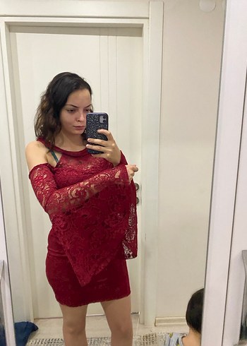 Bordo Dantel Uzun Kollu Straplez Mini Elbise - Görsel 2