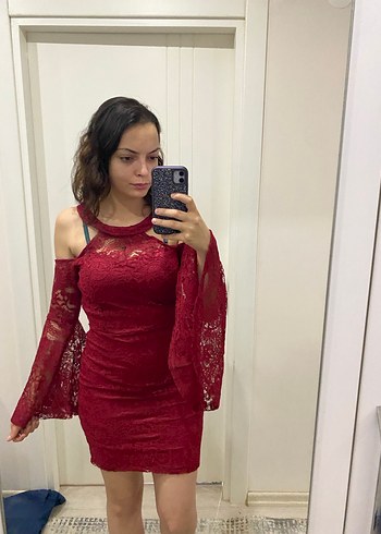 Bordo Dantel Uzun Kollu Straplez Mini Elbise - Görsel 3