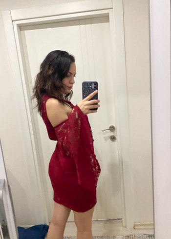 Bordo Dantel Uzun Kollu Straplez Mini Elbise - Görsel 4