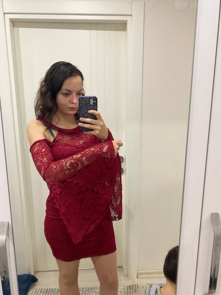 Bordo Dantel Uzun Kollu Straplez Mini Elbise - Görsel 2