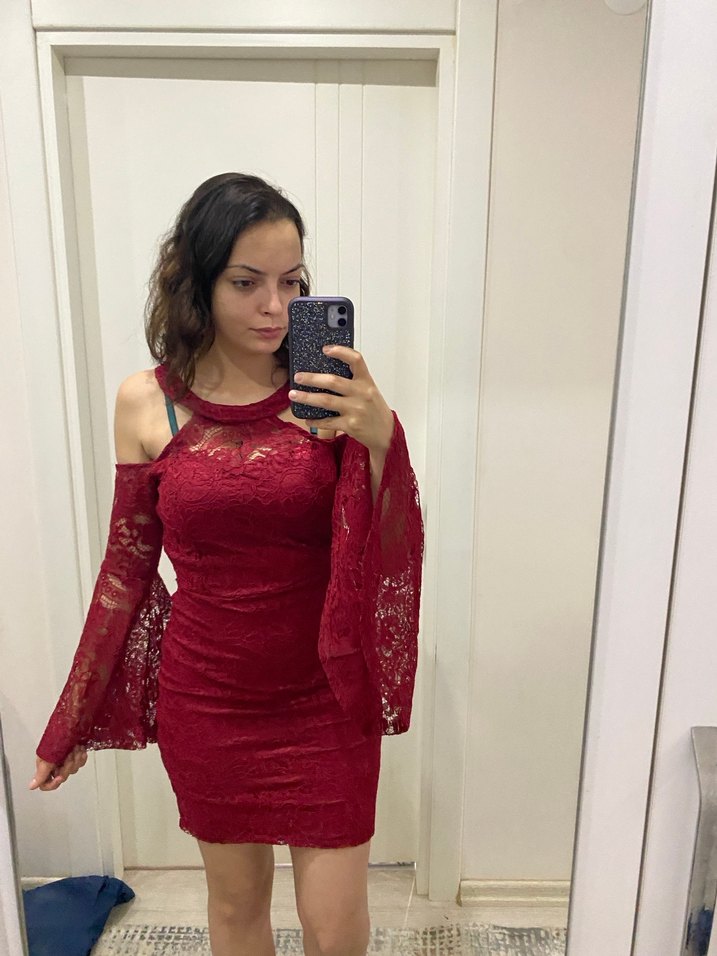 Bordo Dantel Uzun Kollu Straplez Mini Elbise - Görsel 3