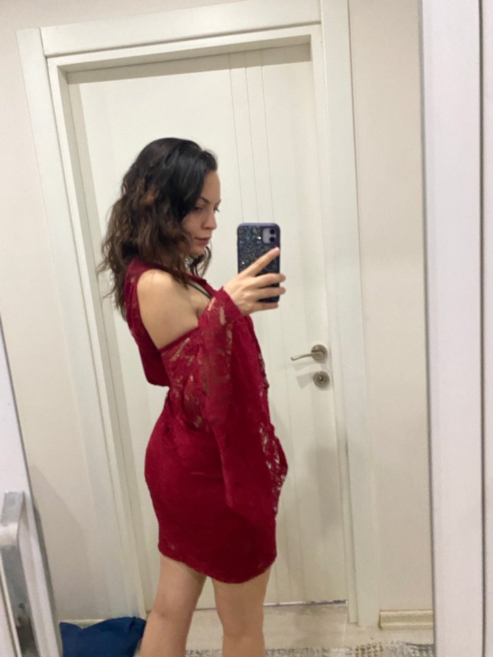 Bordo Dantel Uzun Kollu Straplez Mini Elbise - Görsel 4