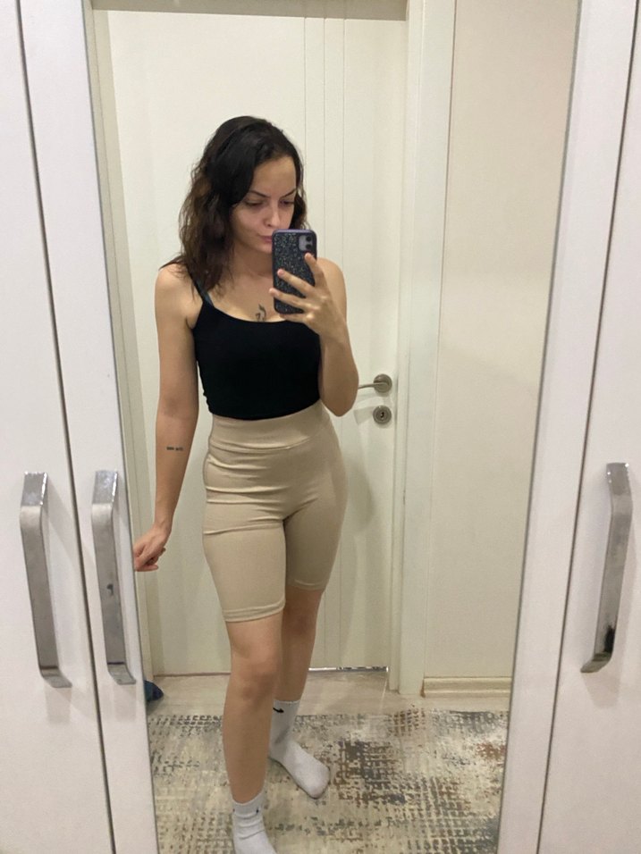 Bej Yüksek Bel Mini Pamuk Şort - Görsel 2