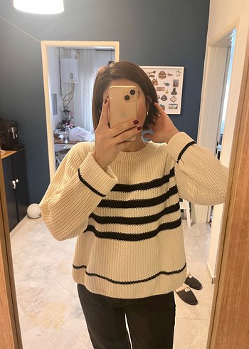 Gri Çizgili Örgü Kadın Kazak - Görsel 7