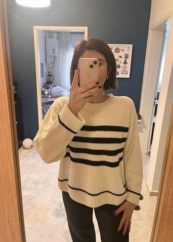 Gri Çizgili Örgü Kadın Kazak - Görsel 6