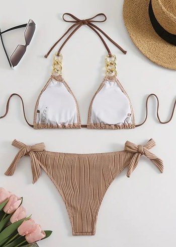 Zincir Detaylı Kahverengi Bohem Bikini - Görsel 2