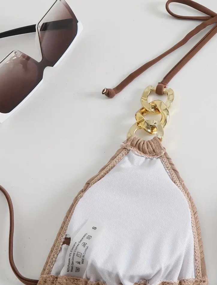 Zincir Detaylı Kahverengi Bohem Bikini - Görsel 4
