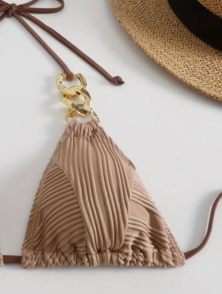 Zincir Detaylı Kahverengi Bohem Bikini - Görsel 3