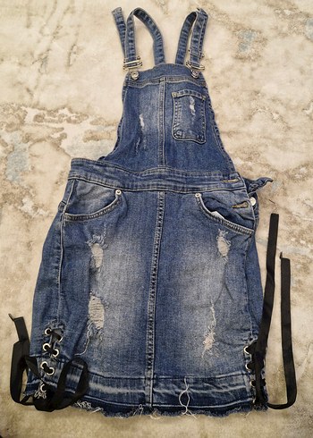 Kadın Kot Mini Salopet Siyah Bağcıklı