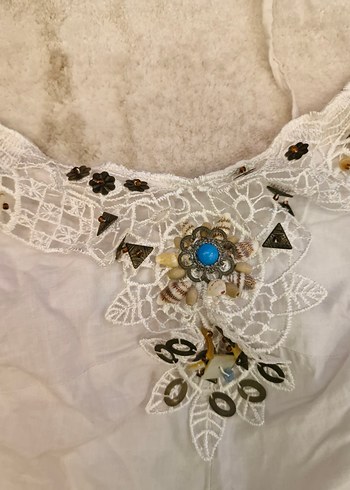 Beyaz Nakışlı Uzun Keten Elbise - Görsel 2