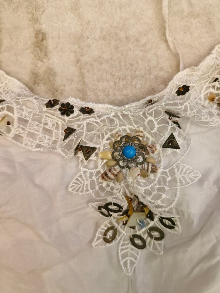 Beyaz Nakışlı Uzun Keten Elbise - Görsel 2