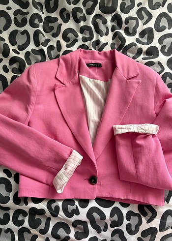Düğmeli Pembe Keten Kadın Blazer - Görsel 2