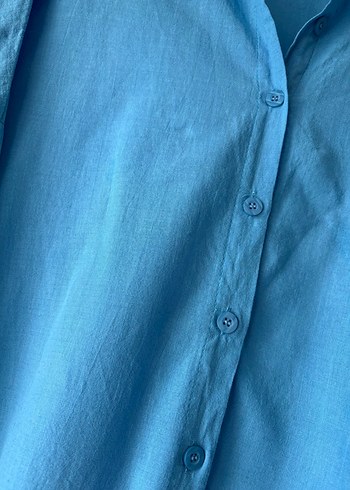 Mavi Keten Düğmeli Bohem Gömlek - Görsel 4