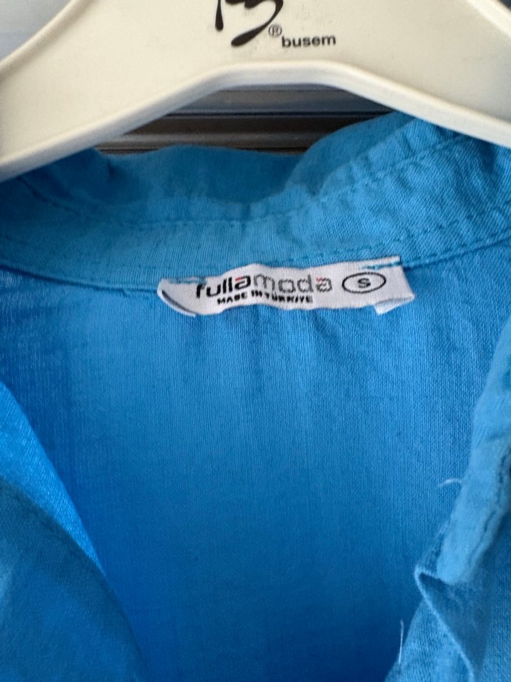 Mavi Keten Düğmeli Bohem Gömlek - Görsel 3