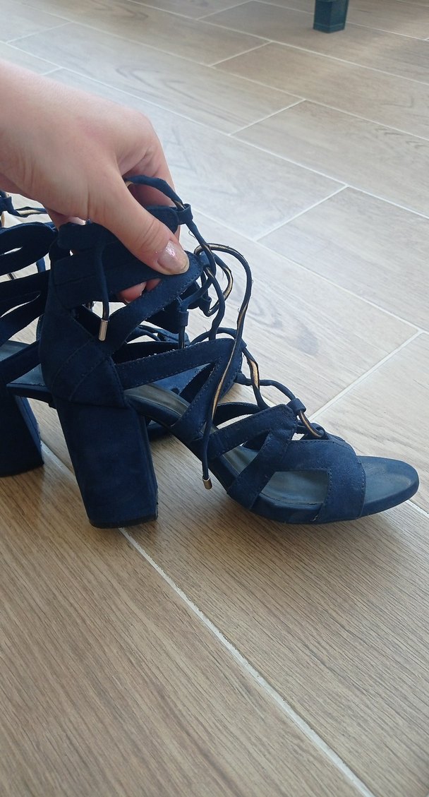 Lacivert Süet Kadın Sandalet, Tokalı, Kalın Topuklu - Görsel 5