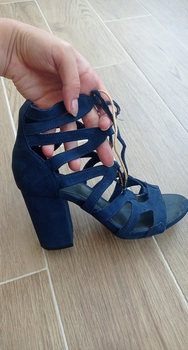 Lacivert Süet Kadın Sandalet, Tokalı, Kalın Topuklu - Görsel 4