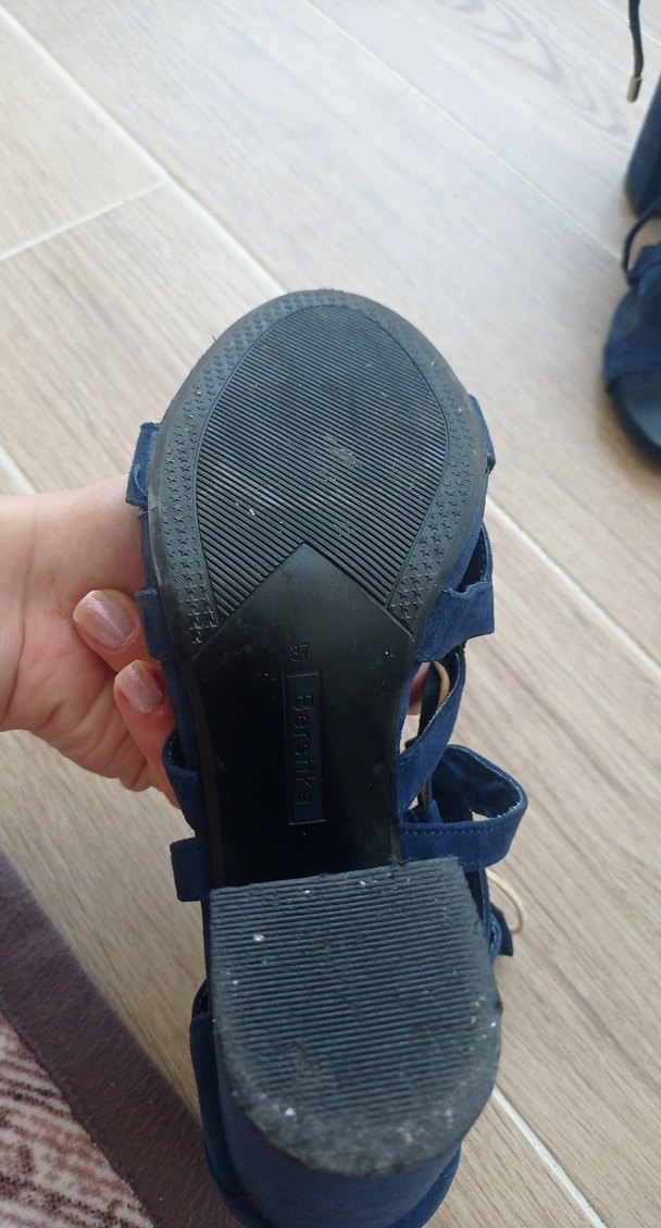 Lacivert Süet Kadın Sandalet, Tokalı, Kalın Topuklu - Görsel 3