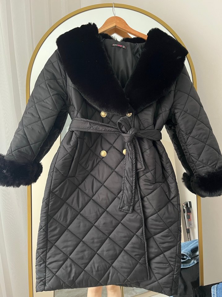 Füme Kürklü Uzun Kadın Kaban - Görsel 5