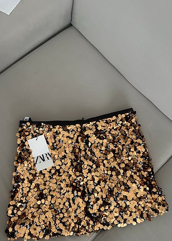 Zara Altın Renkli Payetli Mini Etek