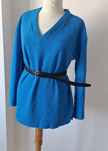 V Yaka Mavi Kadın Triko - Görsel 2