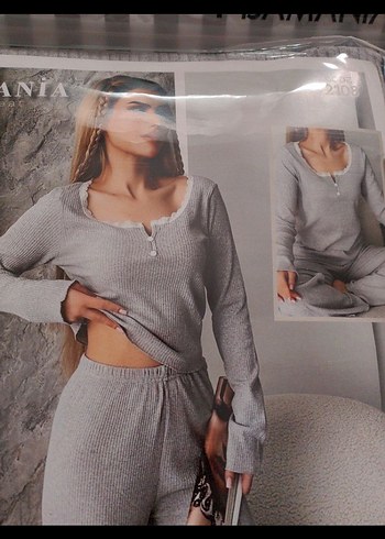 Diğer Gri Uzun Kollu crop pijama takimi