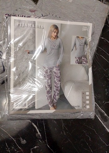 Gri Desenli Kadın Pijama Takımı Uzun Kollu SM uyumlu - Görsel 3