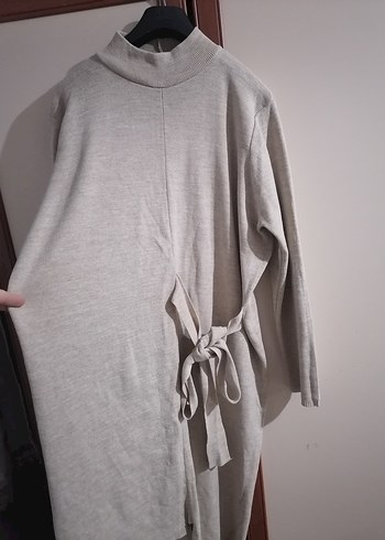 Krem rengi Uzun Kollu Yüksek Yakalı Salaş Triko - Görsel 2