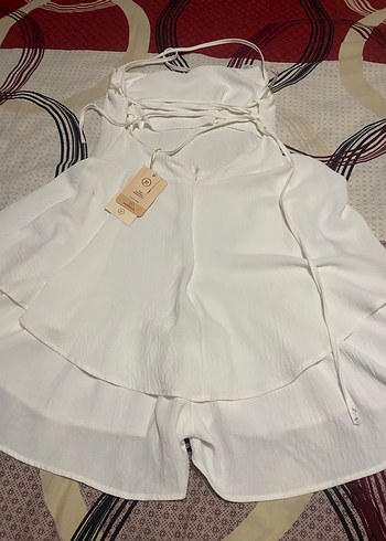 Beyaz Midi şort tulum - Görsel 13