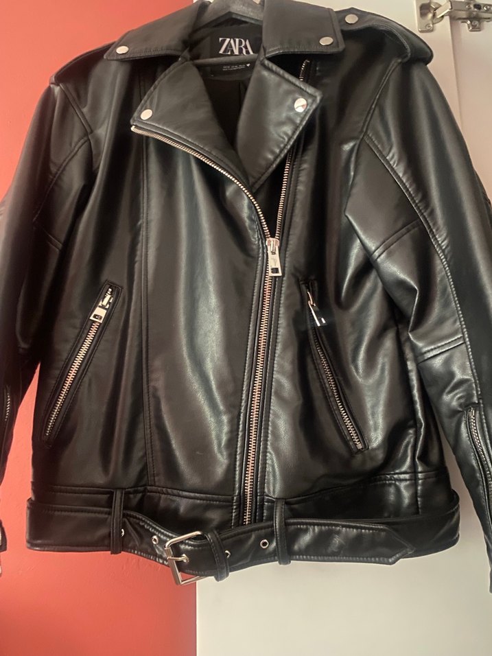 Kadın Siyah Deri Biker Ceket - Görsel 4