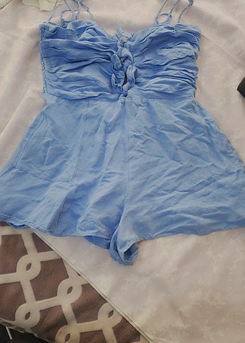 Mavi Kemerli Mini Straplez Denim Tulum - Görsel 2