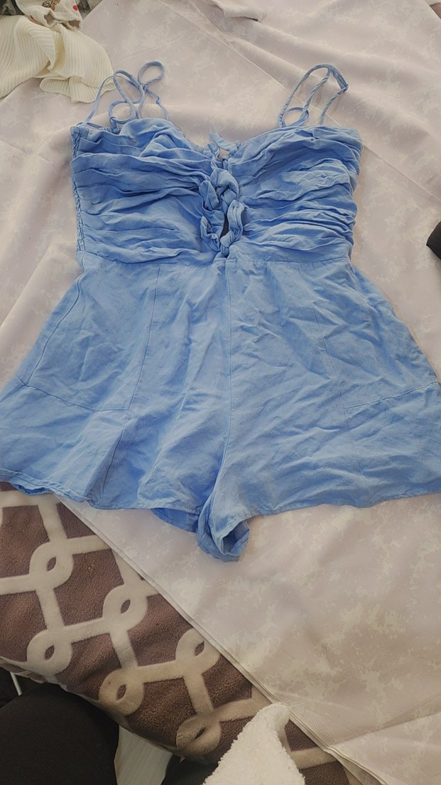 Mavi Kemerli Mini Straplez Denim Tulum - Görsel 2