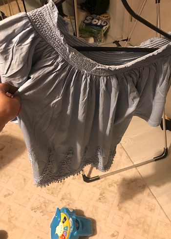 Gri Keten Bohem Kısa Kollu Bluz