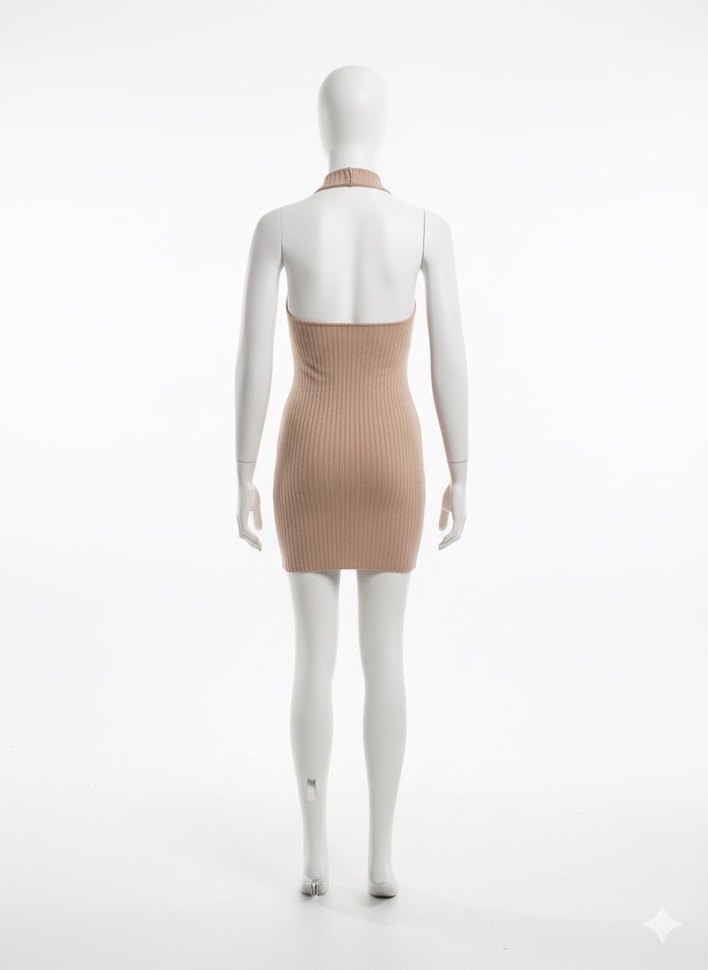 Bej Yarım Boğazlı Triko Mini Elbise - Görsel 2