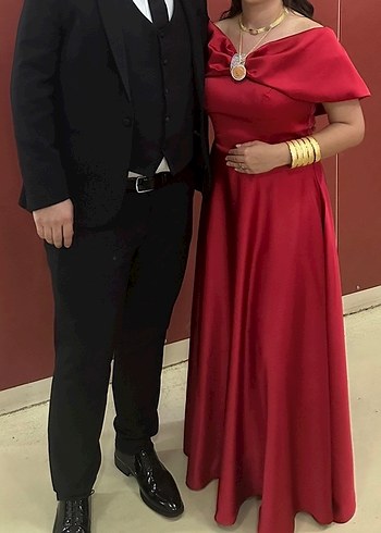 Bordo Drapeli Saten Uzun Abiye Elbise - Görsel 4