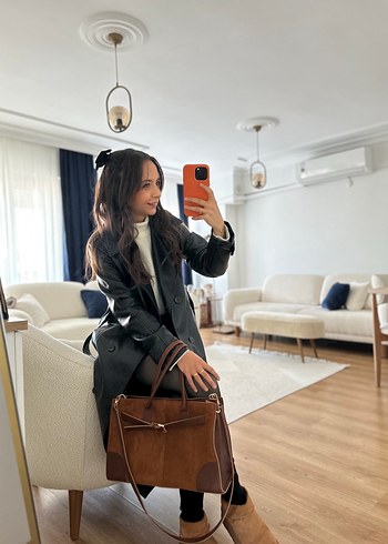 Beden camel Renk Kemer Detaylı Camel gerçek Süet Kadın Çanta