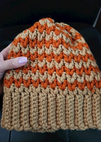 Bej ve Turuncu Örgü Kadın Bere - Görsel 4