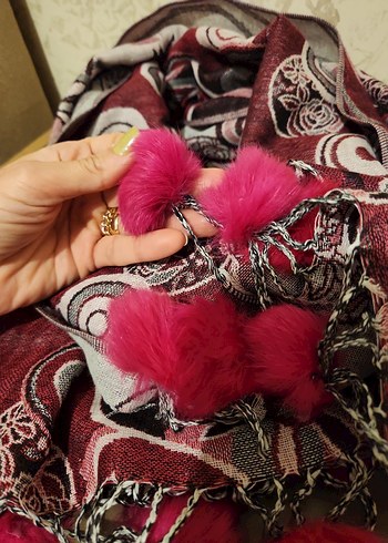 Püsküllü Bordo Gri Bohem Kadın Şal - Görsel 3