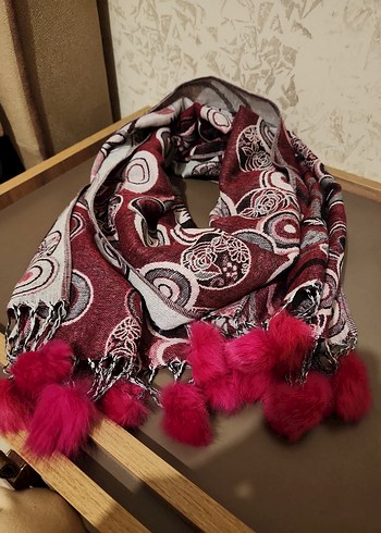 Püsküllü Bordo Gri Bohem Kadın Şal - Görsel 4