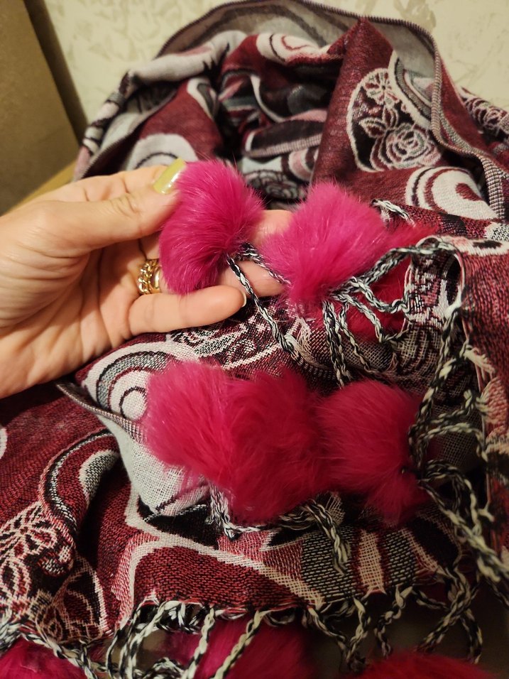 Püsküllü Bordo Gri Bohem Kadın Şal - Görsel 3