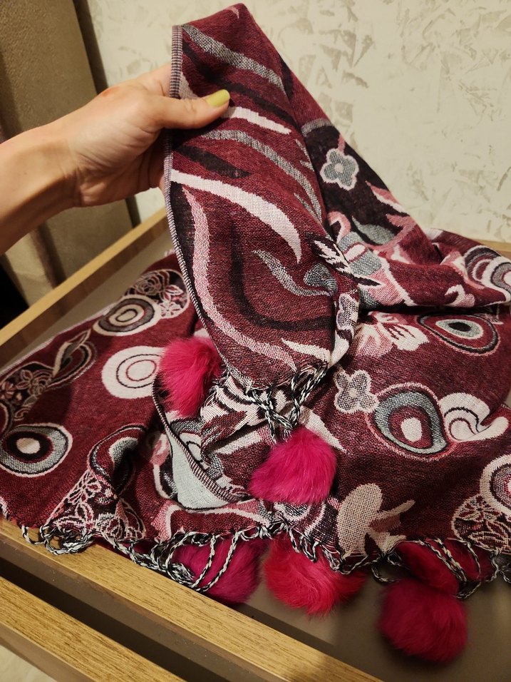 Püsküllü Bordo Gri Bohem Kadın Şal - Görsel 2