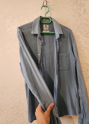 mavi Keten Erkek Gömlek, Düğmeli, Rahat Kesim - Görsel 7